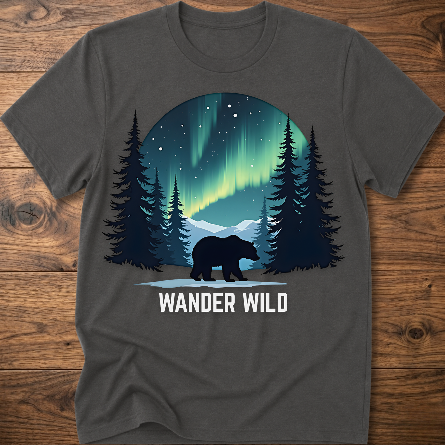 Charcoal crew-neck t-shirt with bear in forest graphic and 'Wander Wild' text