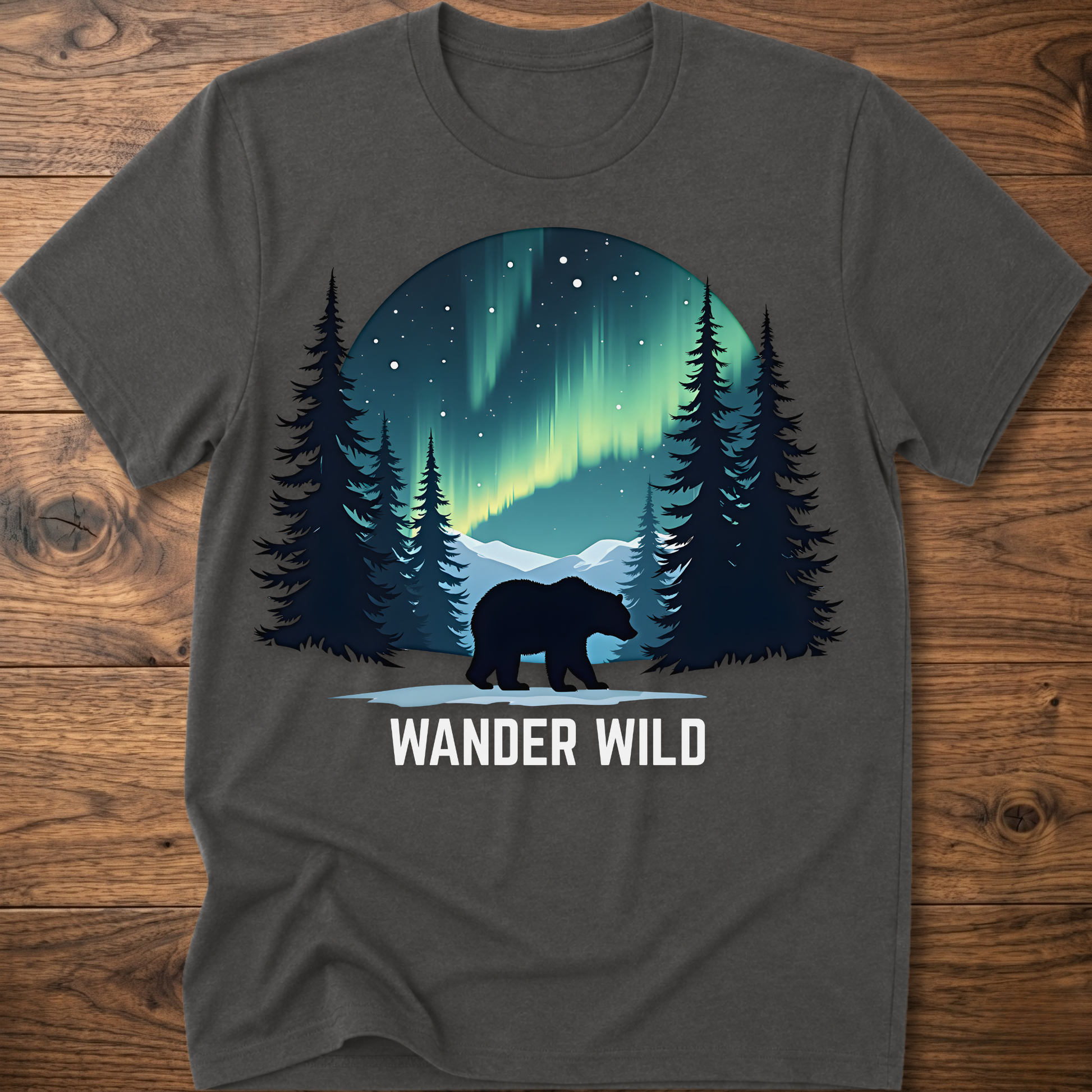 Charcoal crew-neck t-shirt with bear in forest graphic and 'Wander Wild' text