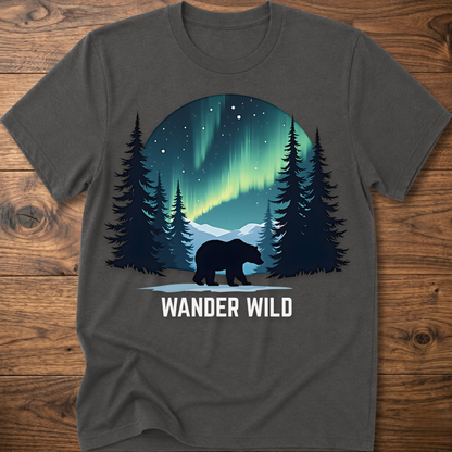 Charcoal crew-neck t-shirt with bear in forest graphic and 'Wander Wild' text