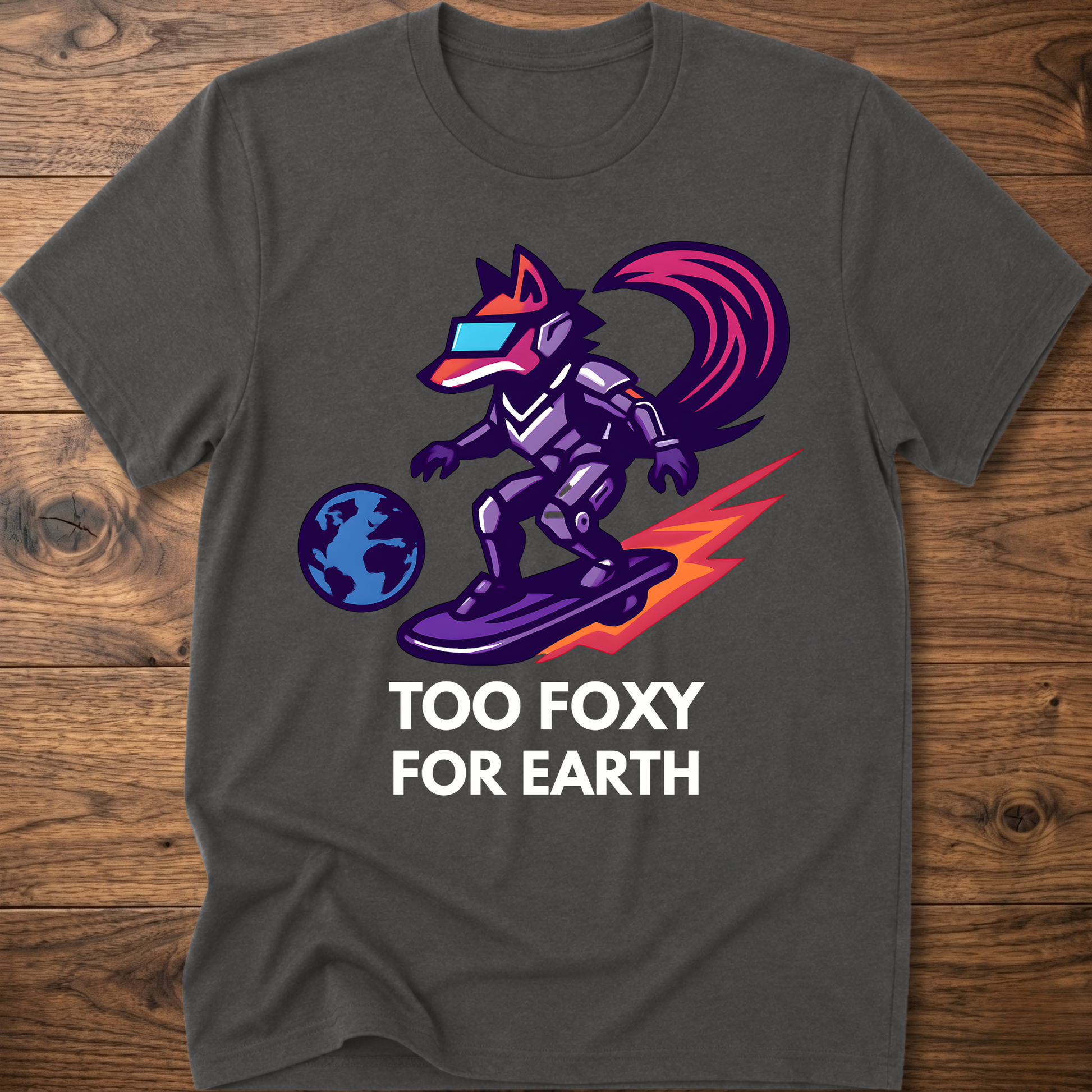 Dark heather T-shirt with fox astronaut graphic: 'TOO FOXY FOR EARTH'