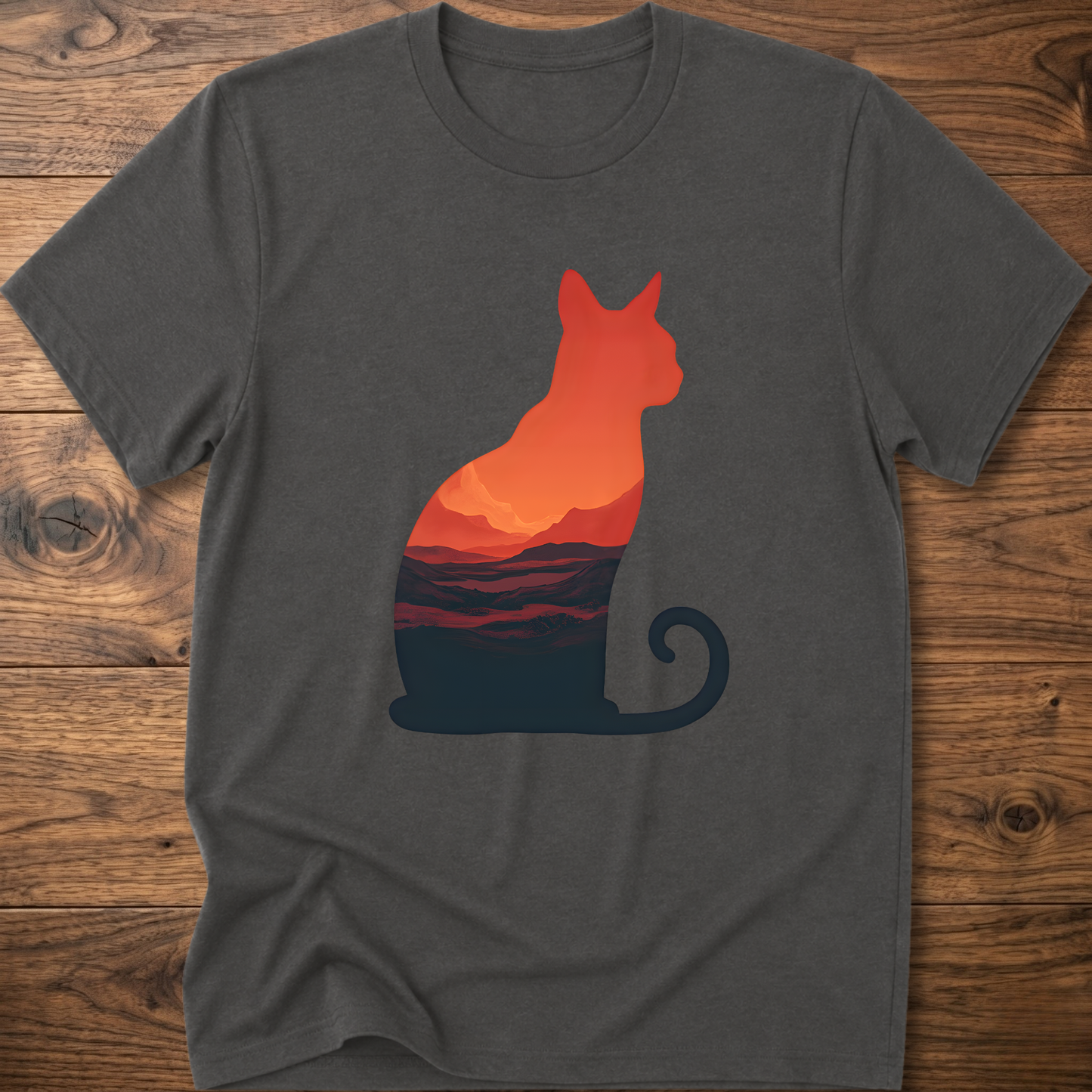 Martian cat graphic t-shirt, charcoal gray; orange cat over sunset landscape print