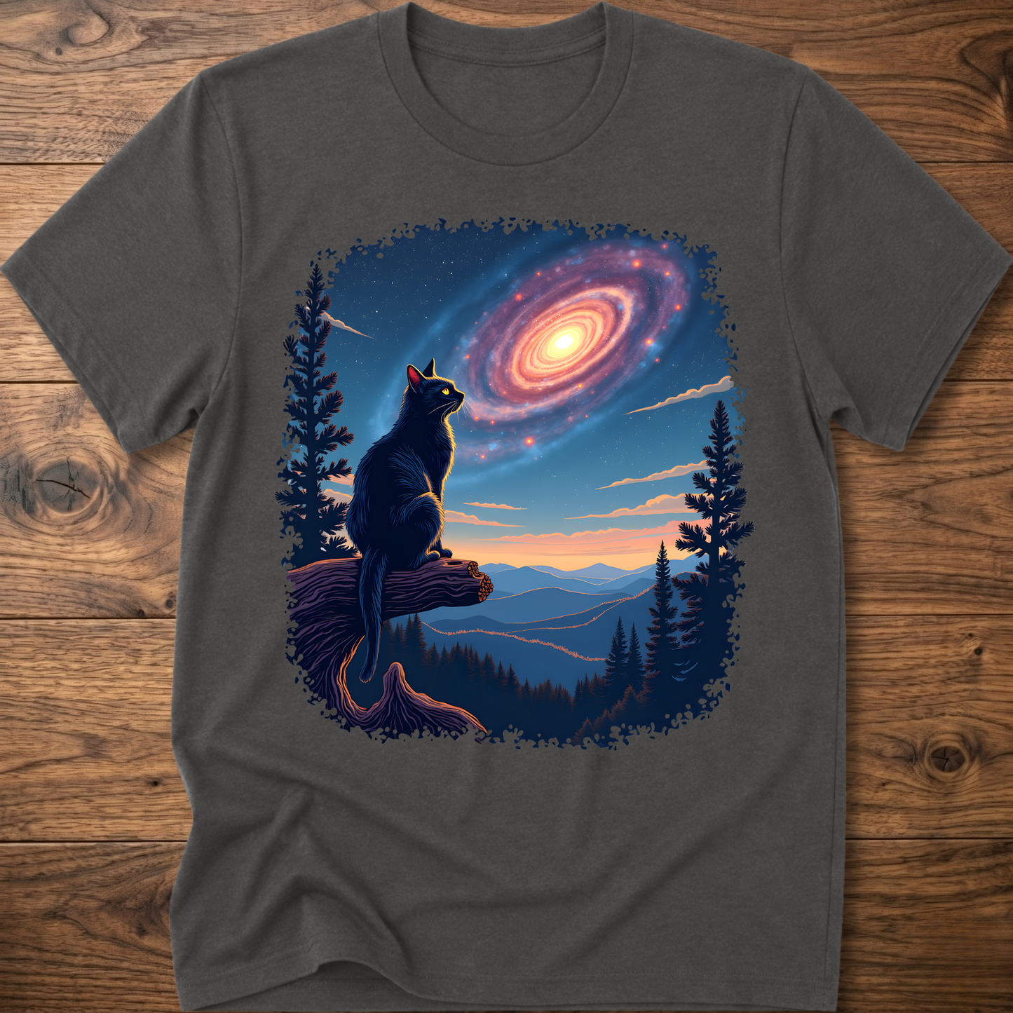 Dark heather gray cat galaxy t-shirt with standing cat, spiral nebula, forest trees