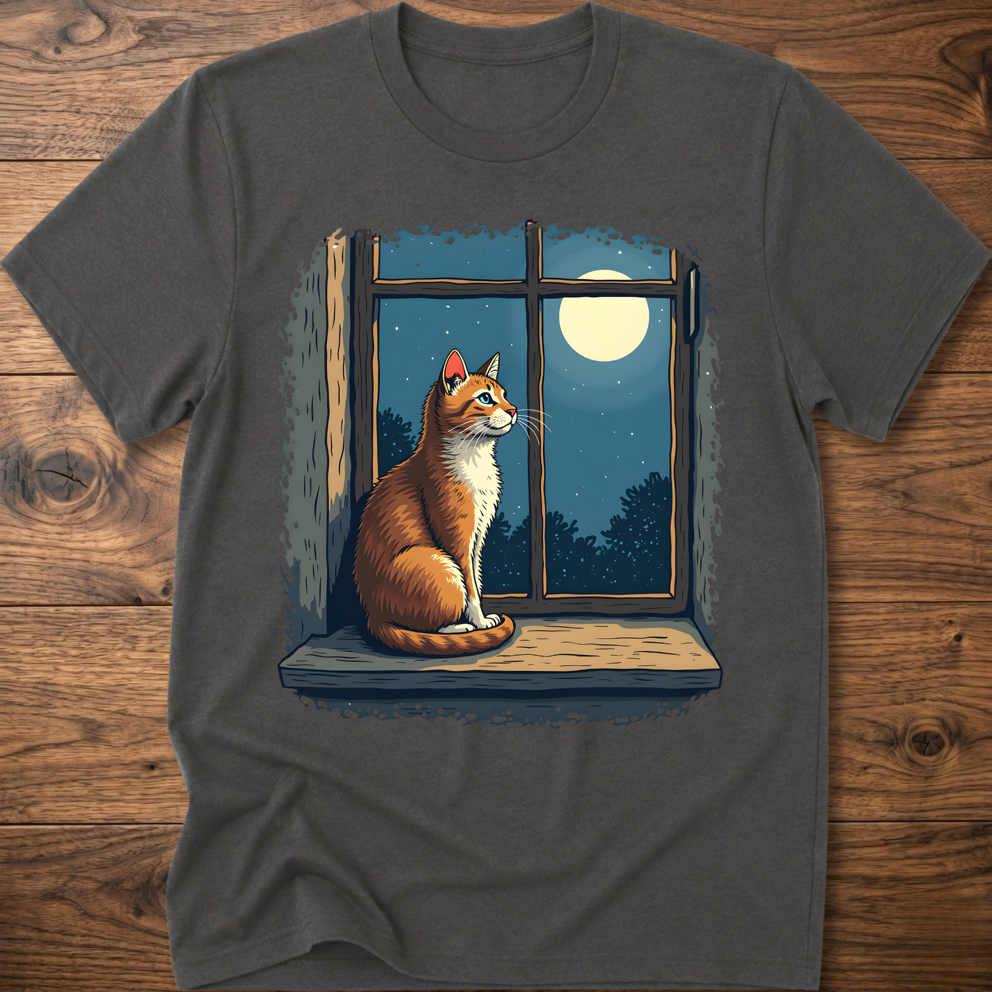 Charcoal t-shirt with vintage cat sitting by a window under a moon