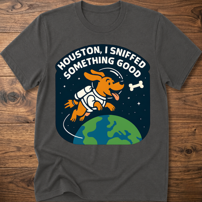 Charcoal dog-themed graphic T-shirt with bone and earth illustration