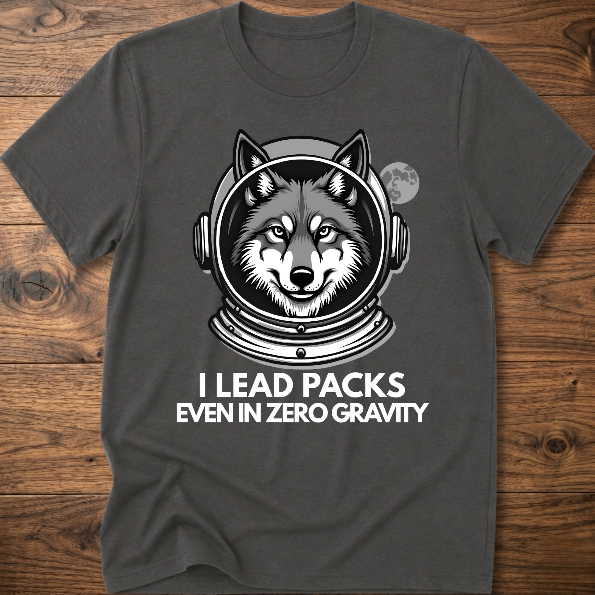 Charcoal gray T-shirt with husky astronaut graphic and "I Lead Packs Even in Zero Gravity" text