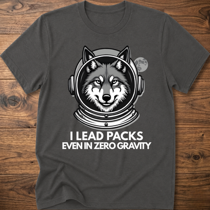 Charcoal gray T-shirt with husky astronaut graphic and "I Lead Packs Even in Zero Gravity" text