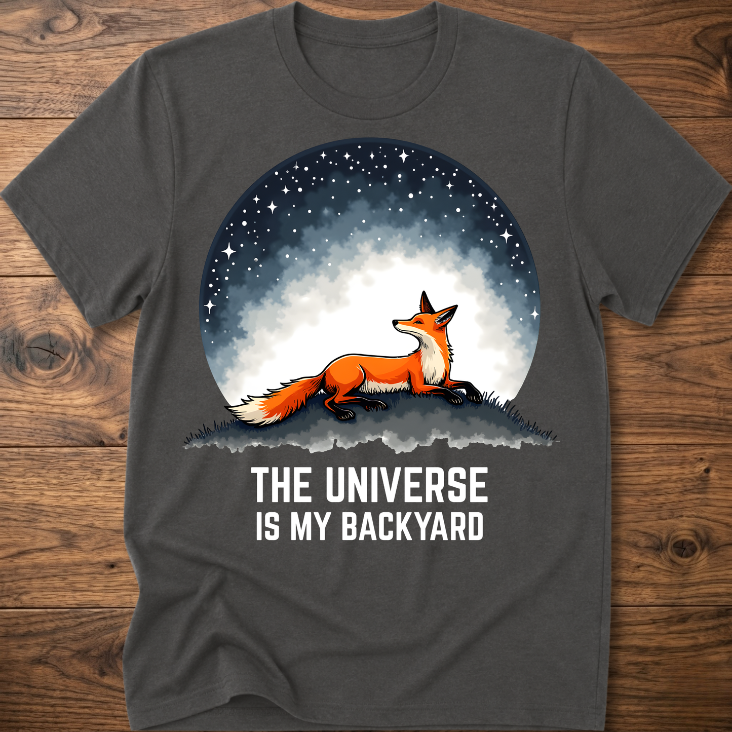 Charcoal crewneck T-shirt with fox under space dome graphic and 'The Universe Is My Backyard'