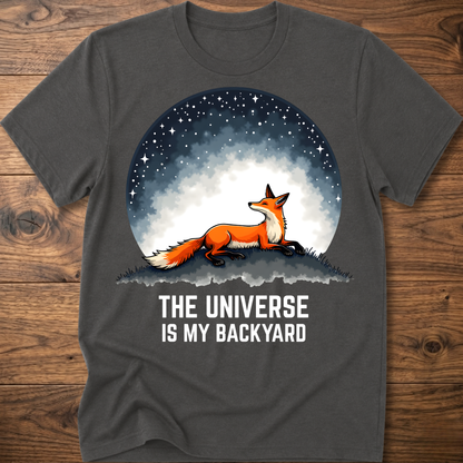 Charcoal crewneck T-shirt with fox under space dome graphic and 'The Universe Is My Backyard'