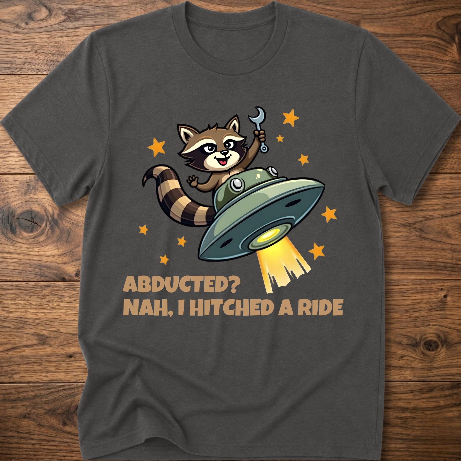 Charcoal gray raccoon UFO graphic T-shirt with 'ABDUCTED?' and 'HITCHED A RIDE' text