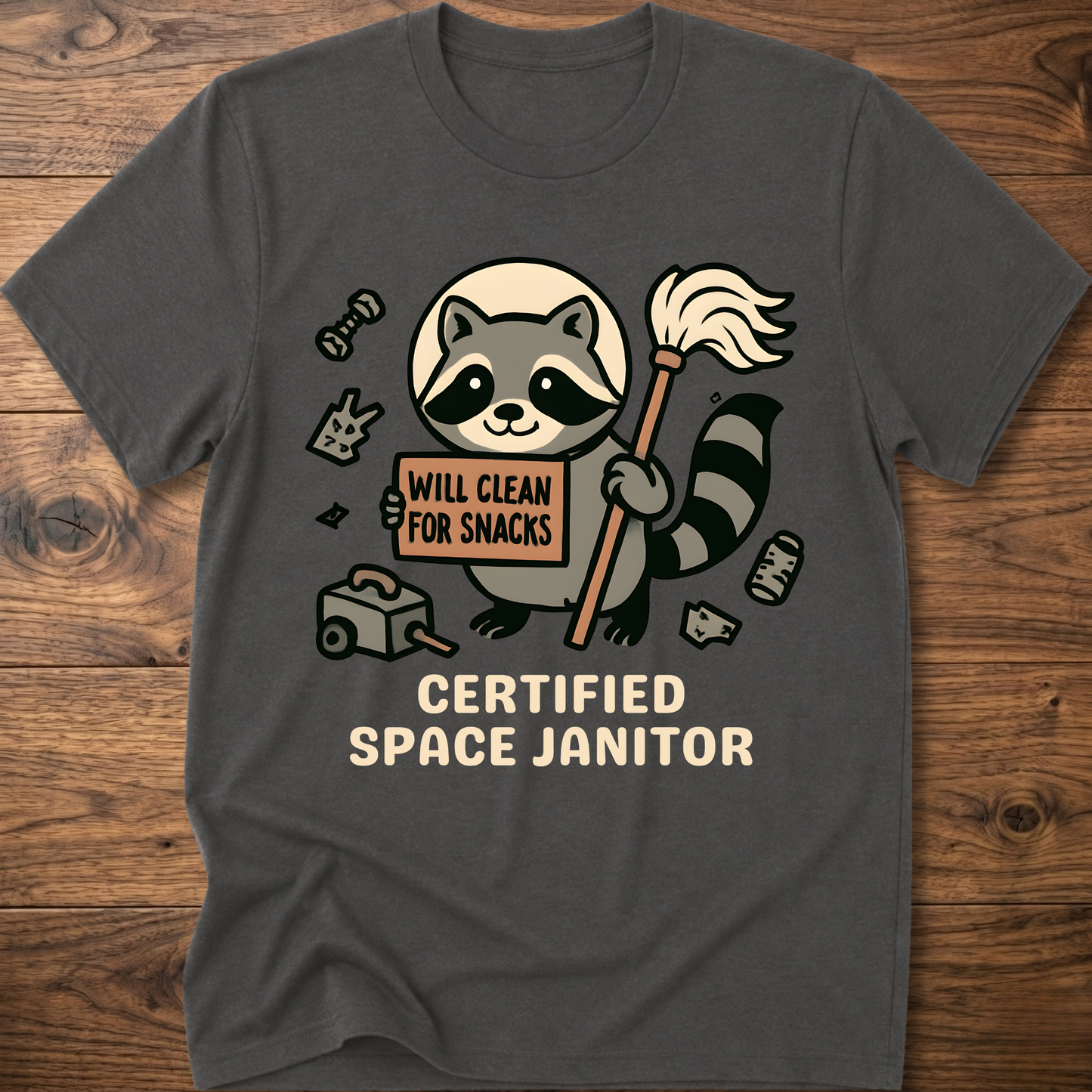 Raccoon space janitor graphic t-shirt, dark heather gray