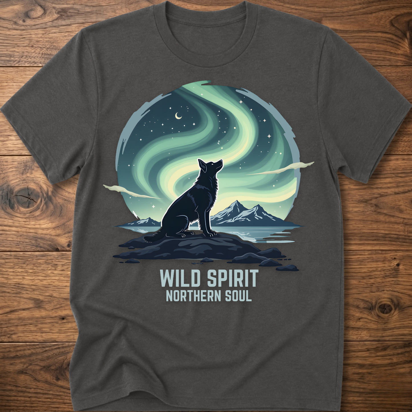 Charcoal crewneck T-shirt with cat aurora graphic and 'WILD SPIRIT NORTHERN SOUL'