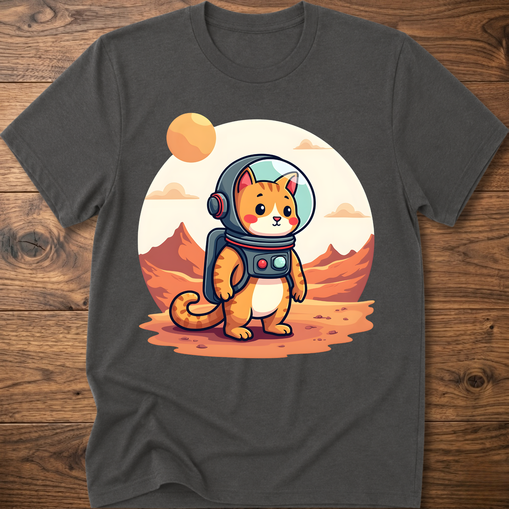Charcoal crew-neck T-shirt with astronaut cat graphic in the center