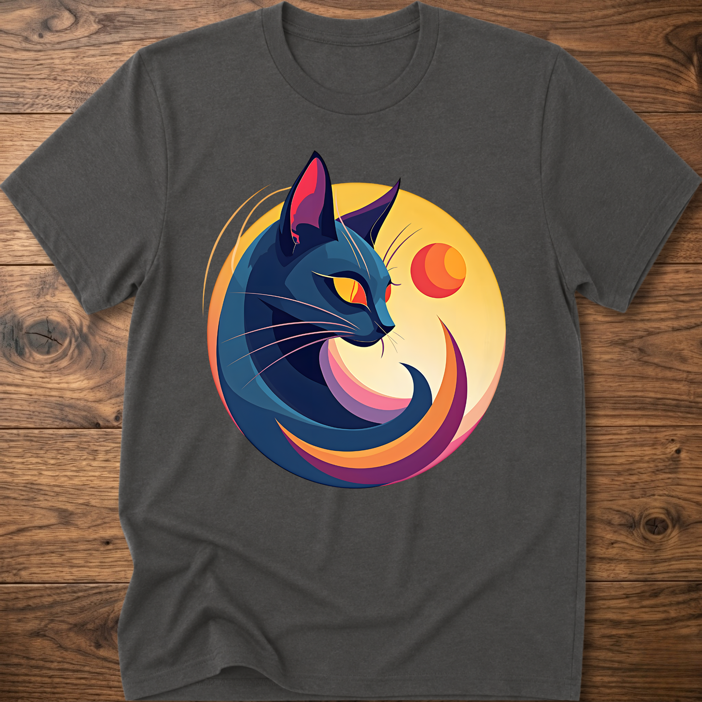 Charcoal cat and moon geometric graphic t-shirt, short-sleeve crew neck