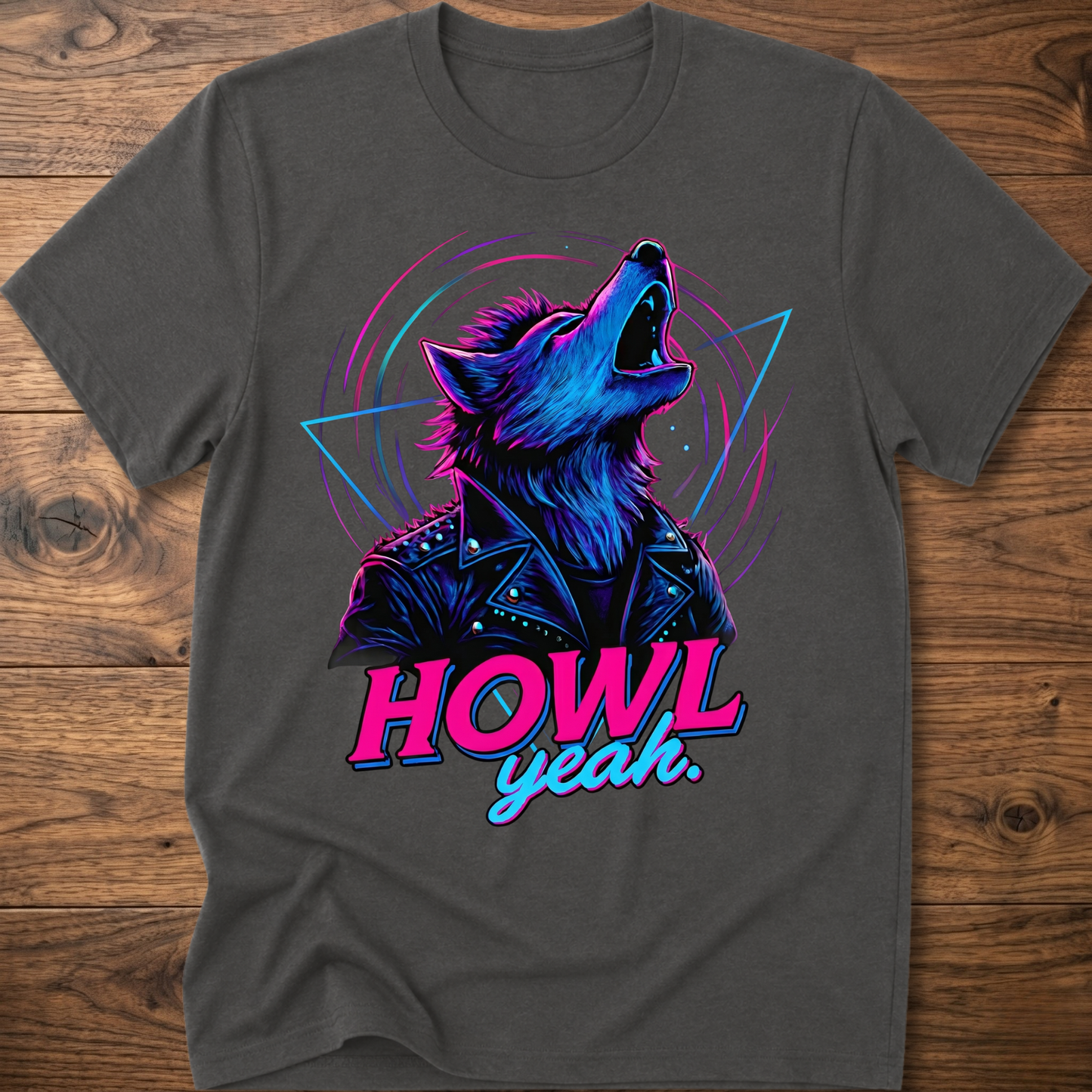 Dark gray wolf graphic t-shirt with neon 'Howl Yeah' text print