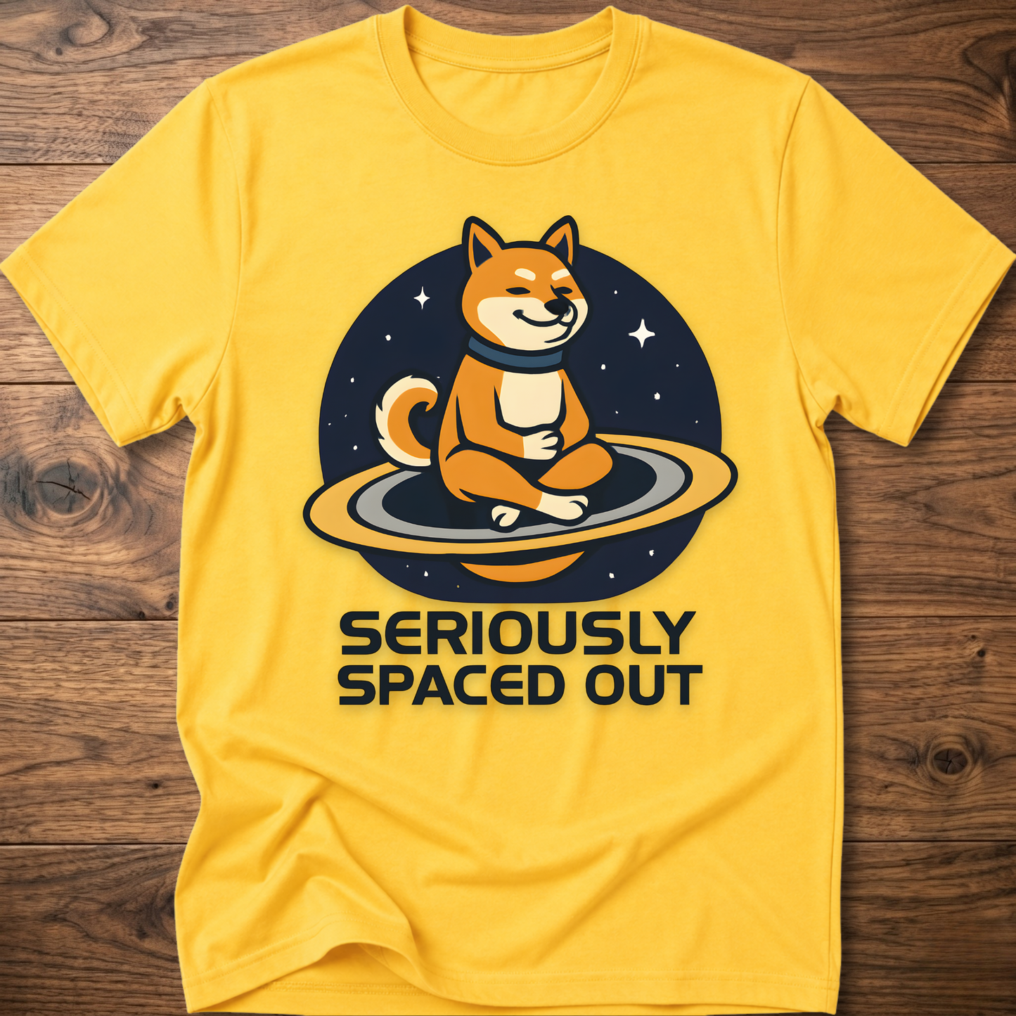 Sand/yellow dog astronaut graphic t-shirt with "SERIOUSLY SPACED OUT" text