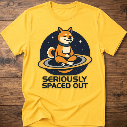 Sand/yellow dog astronaut graphic t-shirt with "SERIOUSLY SPACED OUT" text