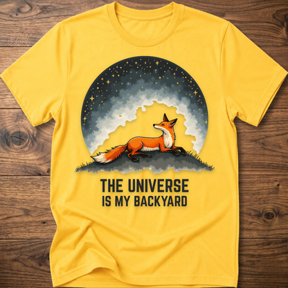 Yellow crewneck T-shirt with fox under space dome graphic and 'The Universe Is My Backyard'