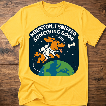 Yellow dog-themed graphic T-shirt with bone and earth illustration