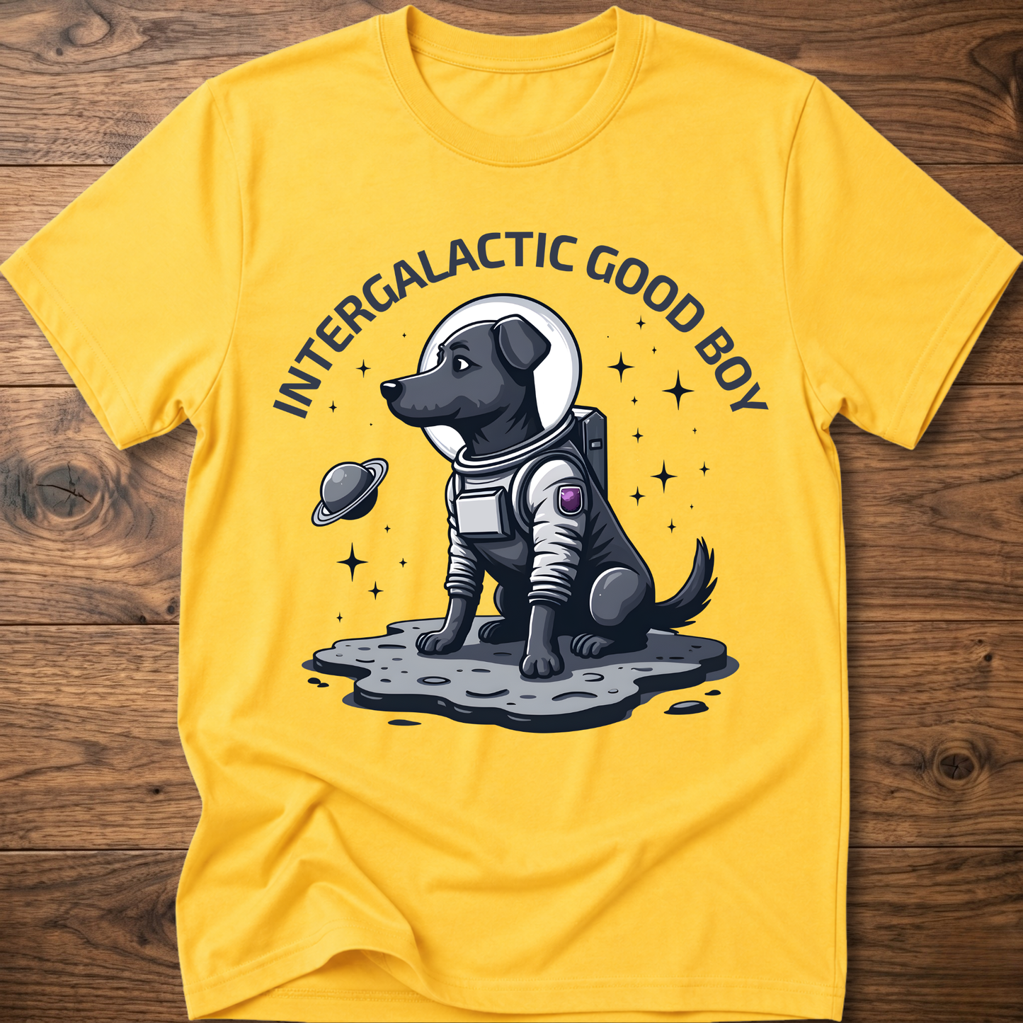 Yellow “Intergalactic Good Boy” dog graphic T-shirt with short sleeves