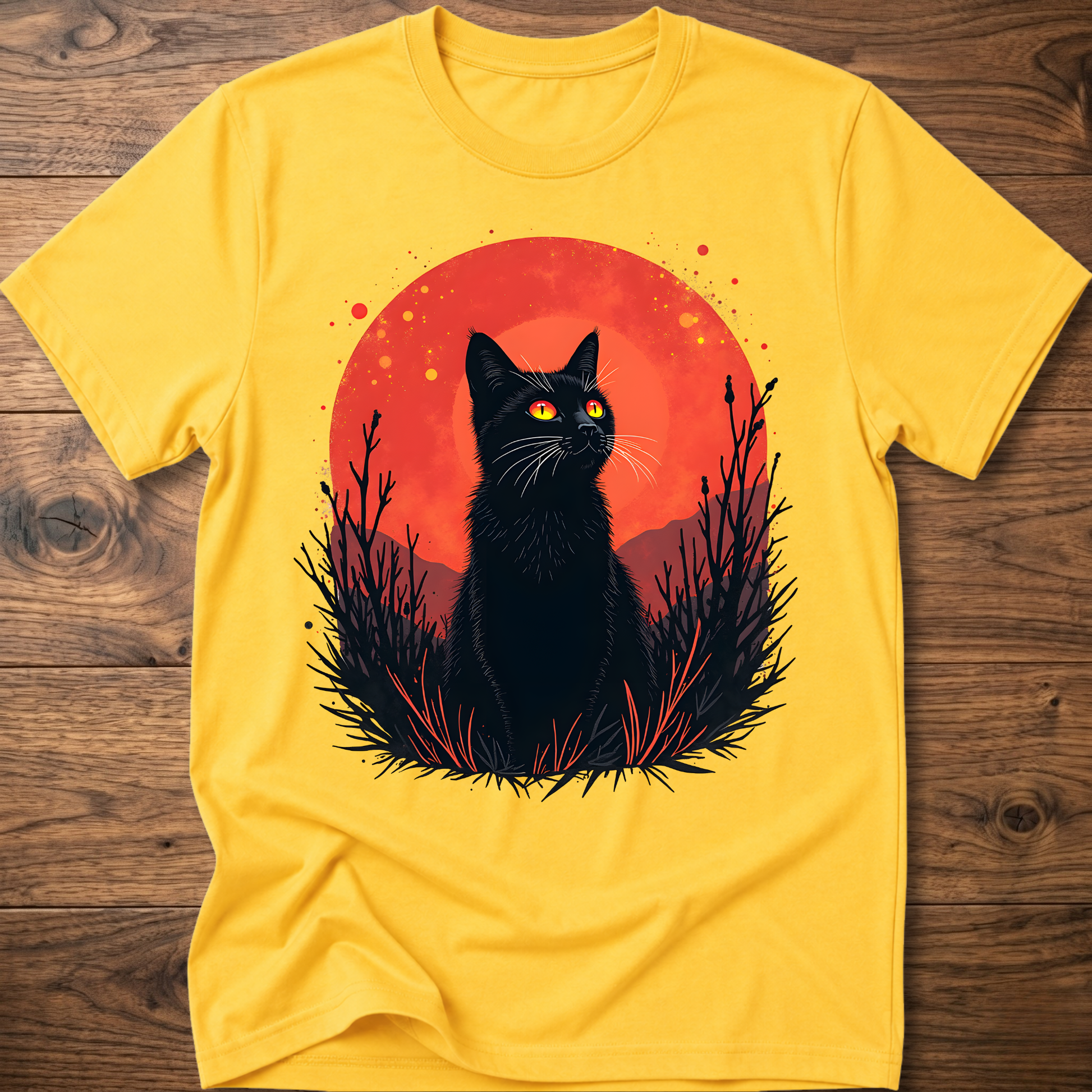 Yellow T-shirt with black cat graphic in red-orange halo and night-plant silhouettes