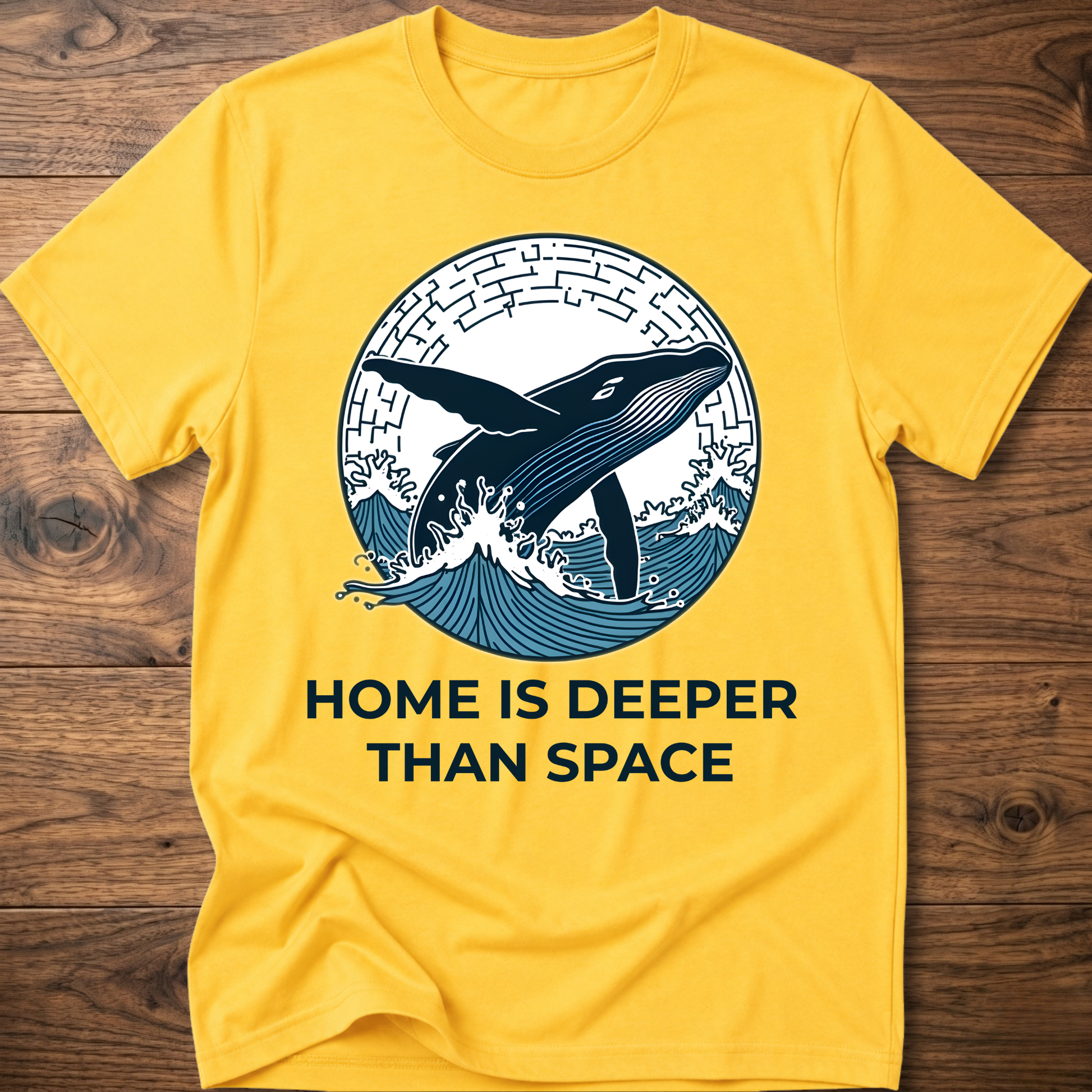 Yellow T-shirt with whale surf graphic and “HOME IS DEEPER THAN SPACE” text