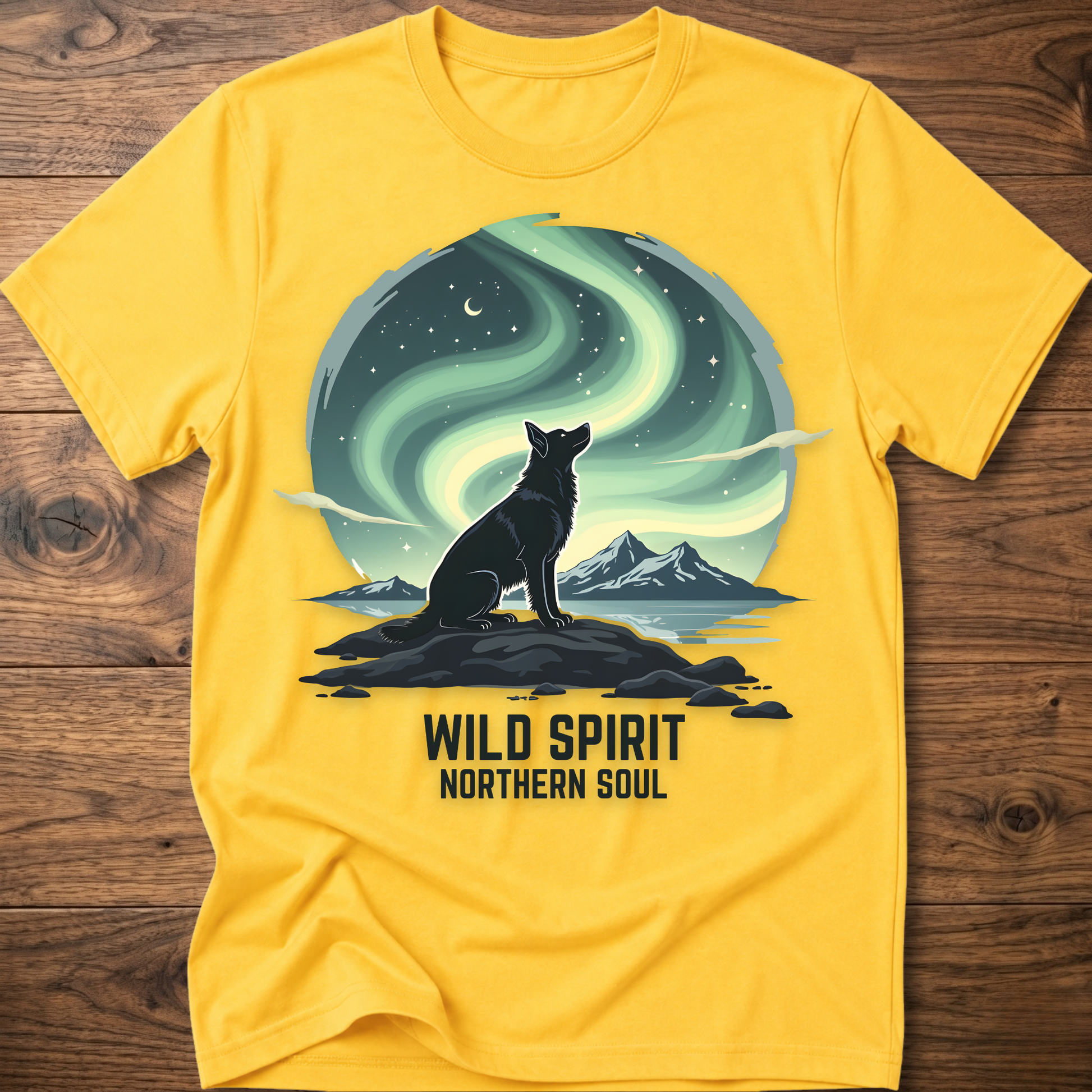 Yellow crewneck T-shirt with cat aurora graphic and 'WILD SPIRIT NORTHERN SOUL'