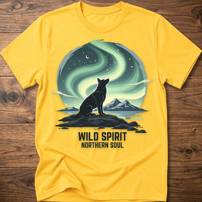 Yellow crewneck T-shirt with cat aurora graphic and 'WILD SPIRIT NORTHERN SOUL'