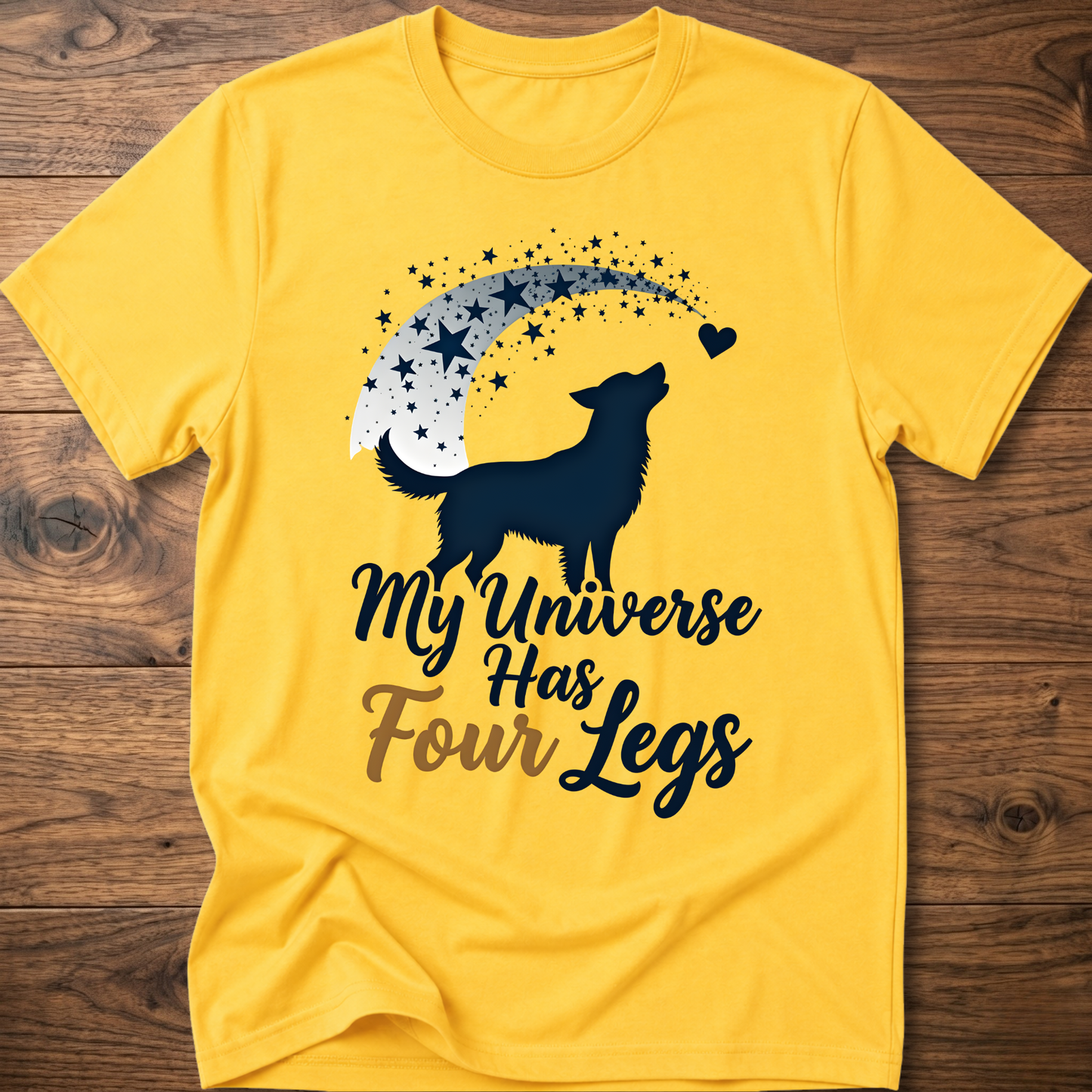 Yellow dog graphic crew-neck T-shirt with 'My Universe Has Four Legs' text