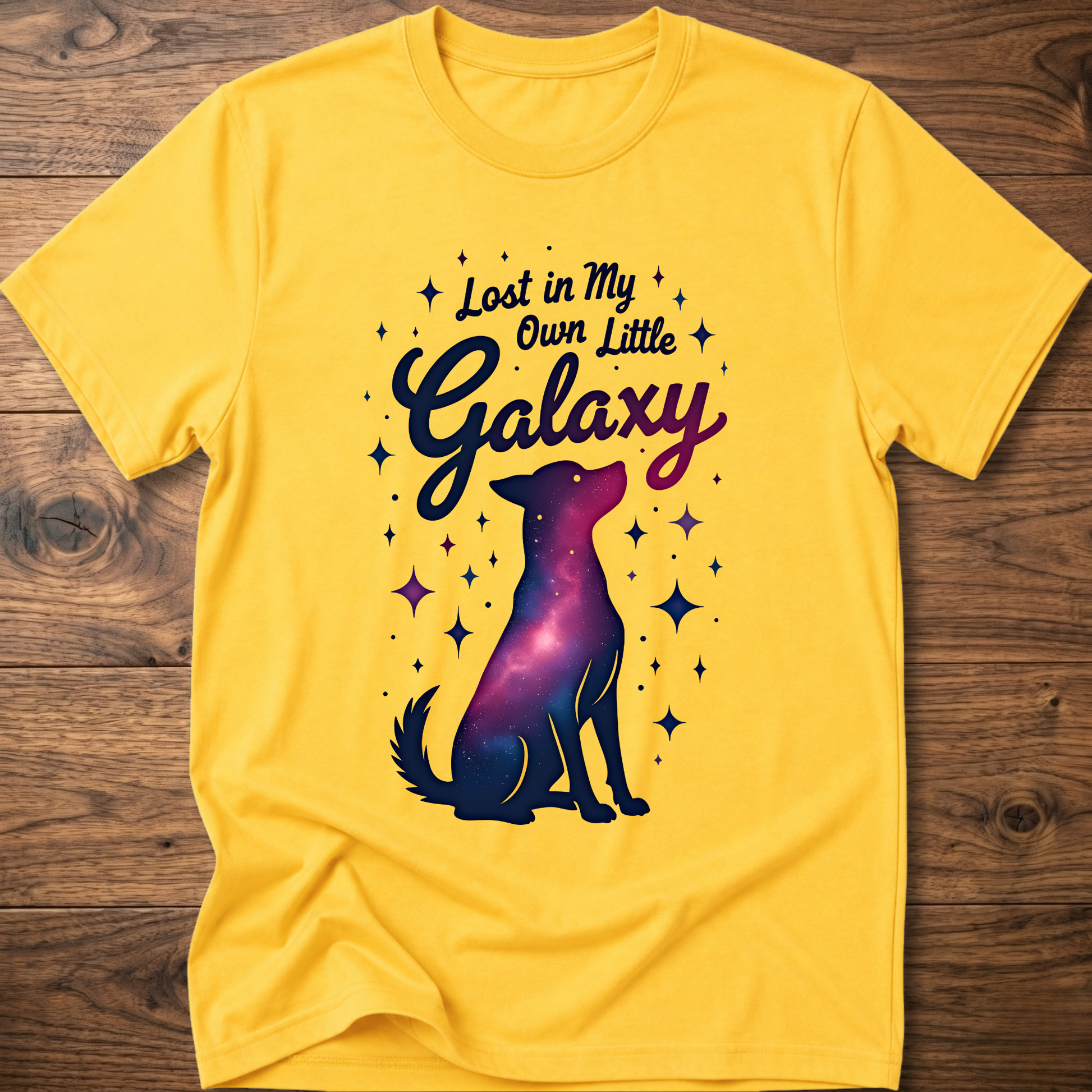 Yellow crewneck dog T-shirt with galaxy graphic and stars