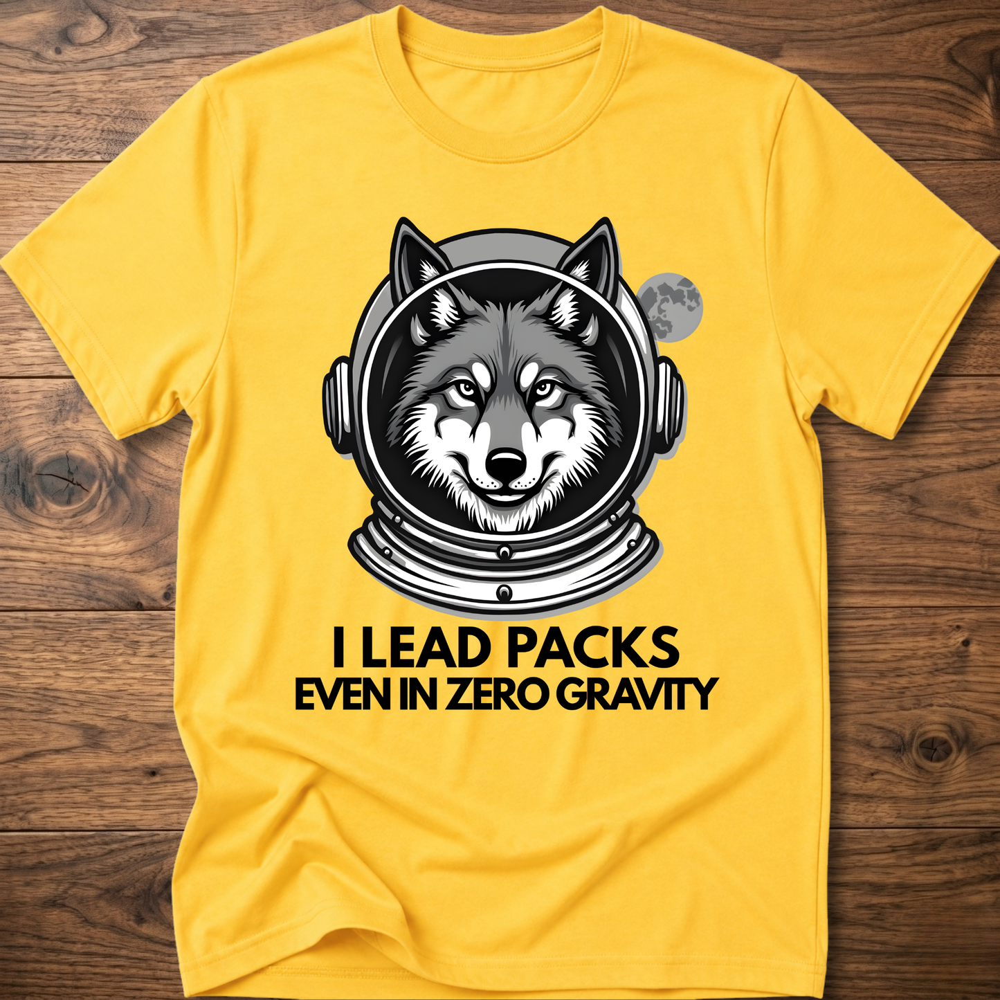 Yellow T-shirt with husky astronaut graphic and "I Lead Packs Even in Zero Gravity" text