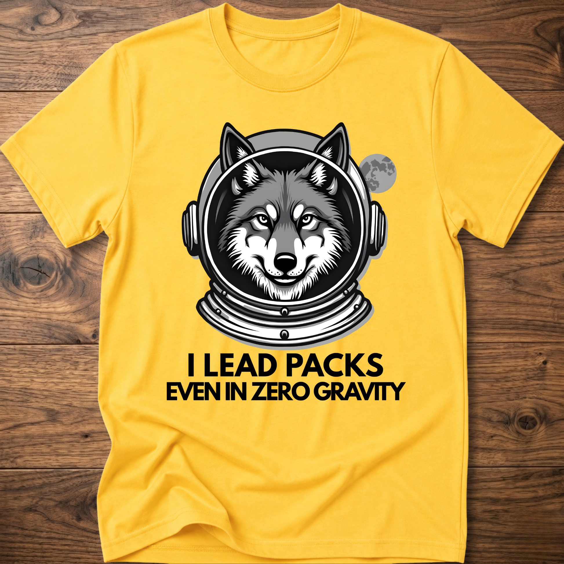 Yellow T-shirt with husky astronaut graphic and "I Lead Packs Even in Zero Gravity" text