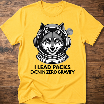 Yellow T-shirt with husky astronaut graphic and "I Lead Packs Even in Zero Gravity" text