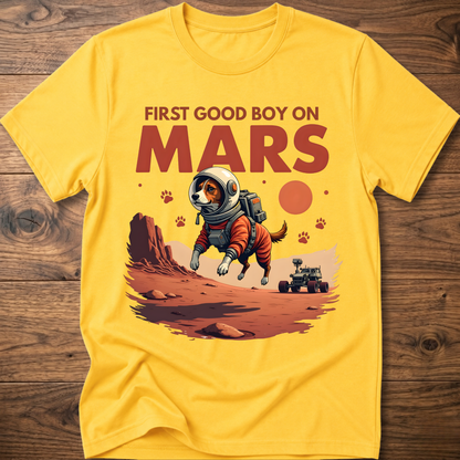 Yellow crewneck t-shirt with astronaut dog and 'First Good Boy on Mars' graphic