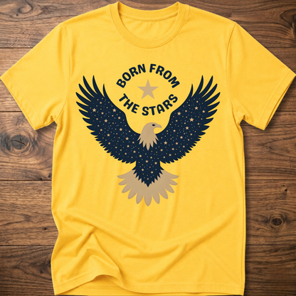 Yellow graphic eagle T-shirt with 'Born From the Stars' star-wing emblem