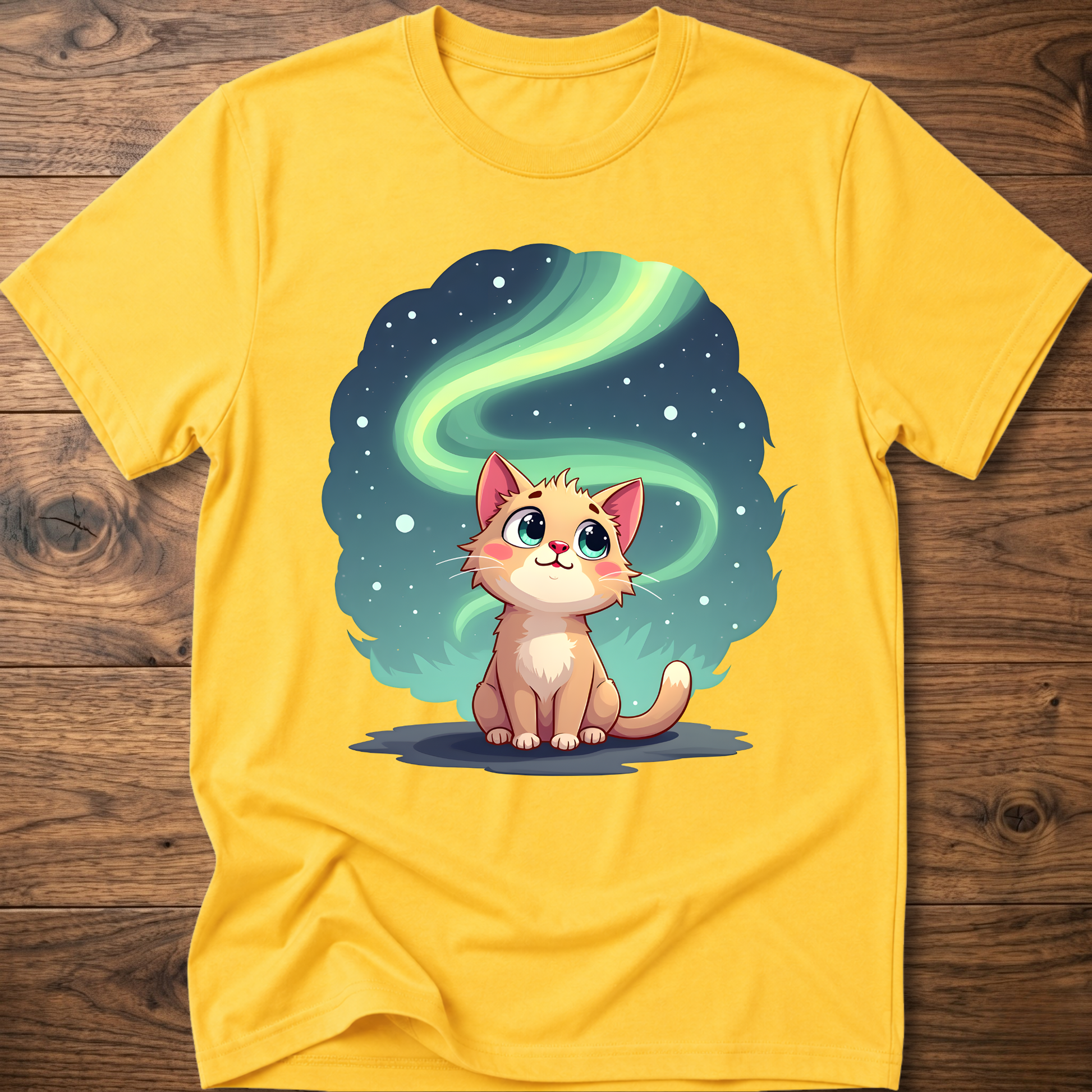 Yellow kitty graphic t-shirt with glowing green swirl and cute cat