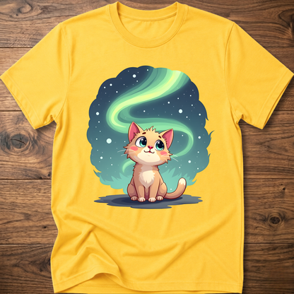 Yellow kitty graphic t-shirt with glowing green swirl and cute cat