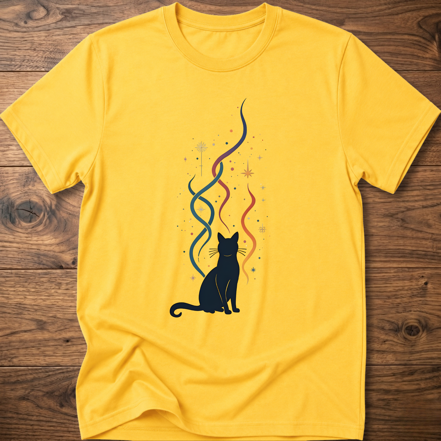 Yellow crew-neck T-shirt with black cat silhouette and multicolor line graphic