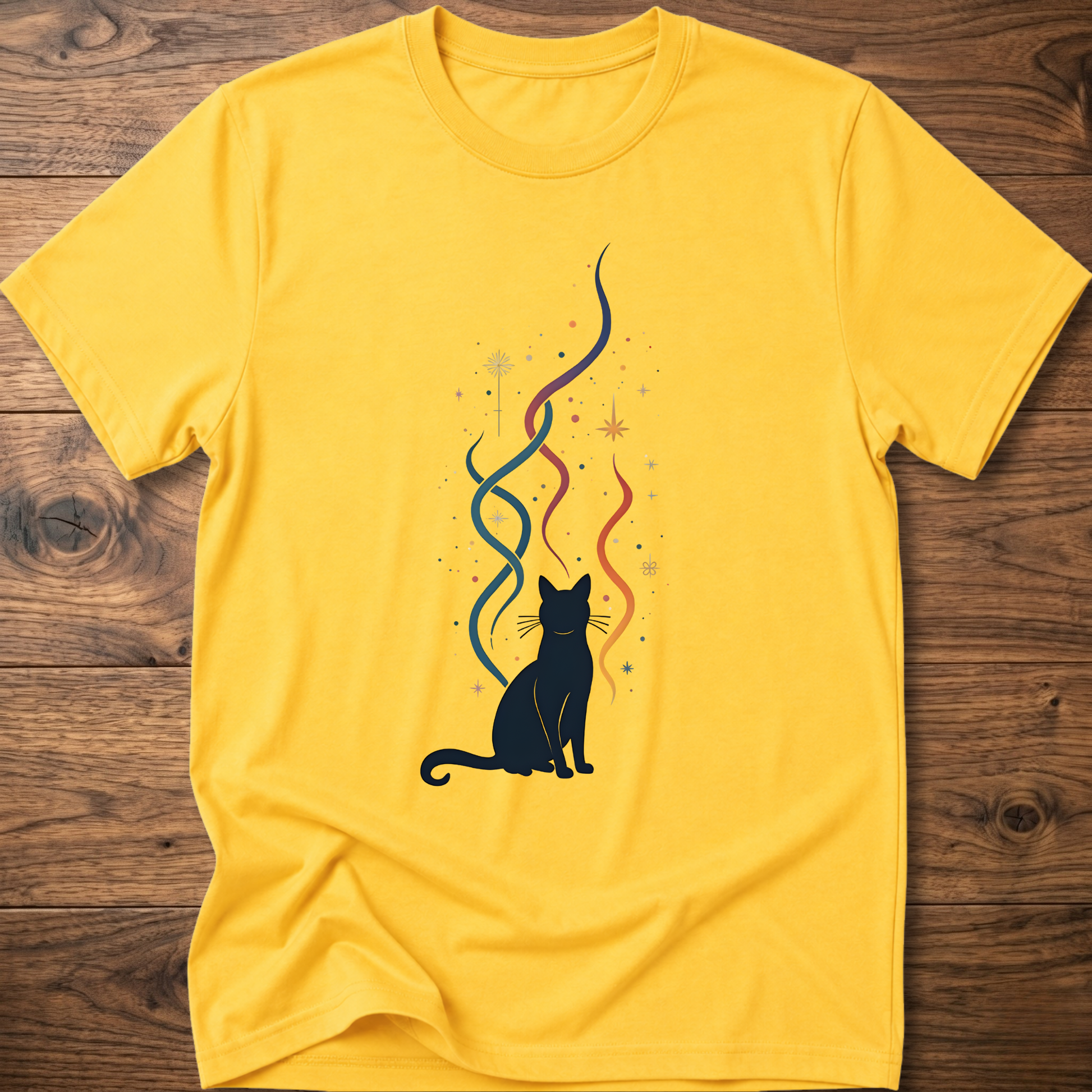 Yellow crew-neck T-shirt with black cat silhouette and multicolor line graphic