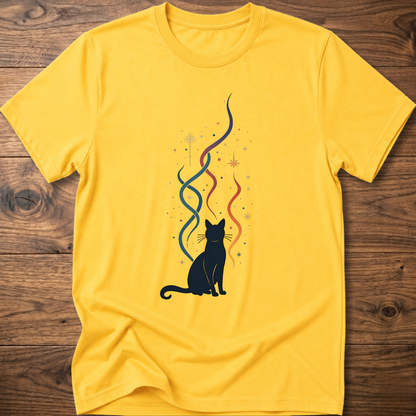Yellow crew-neck T-shirt with black cat silhouette and multicolor line graphic