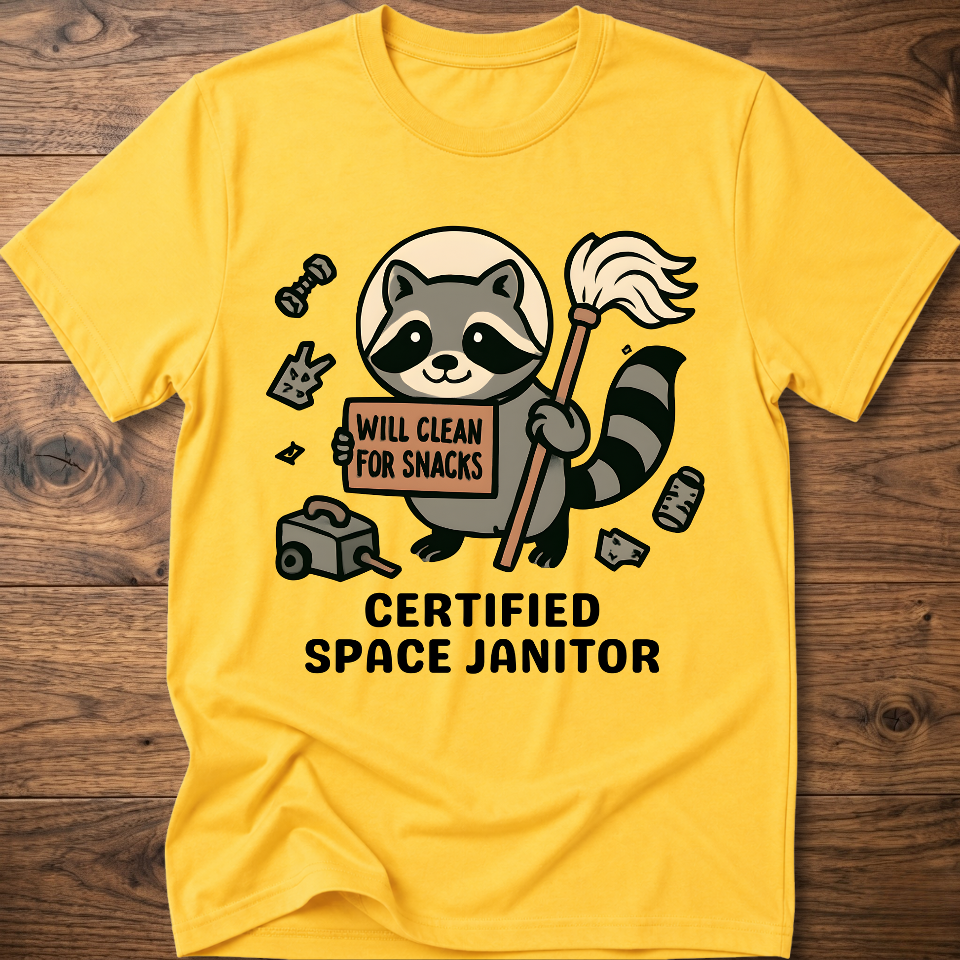 Raccoon space janitor graphic t-shirt, yellow