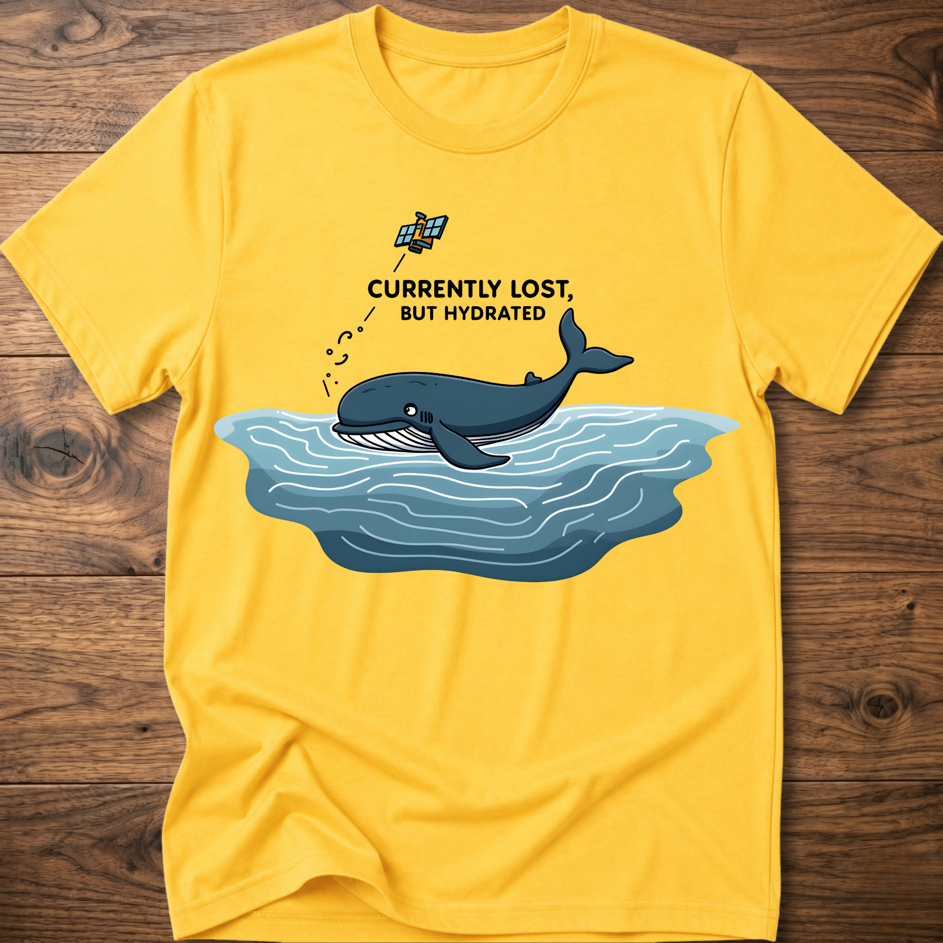 Yellow crew-neck T-shirt with whale in water graphic on chest