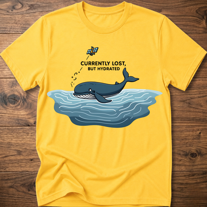 Yellow crew-neck T-shirt with whale in water graphic on chest
