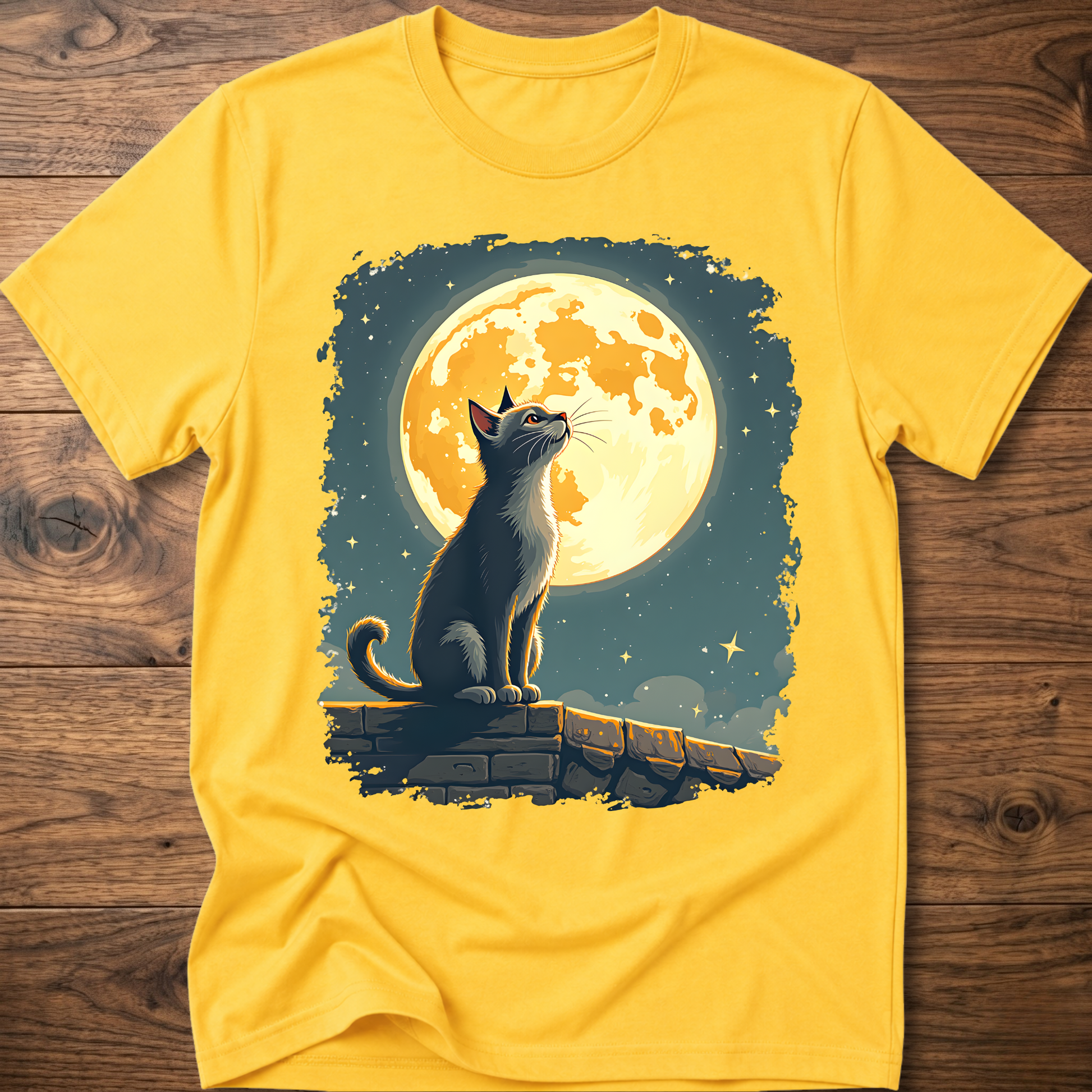 Yellow cat graphic t-shirt with moonlit mural print
