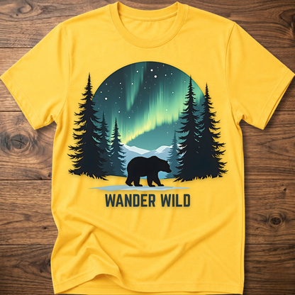 Yellow crew-neck t-shirt with bear in forest graphic and 'Wander Wild' text