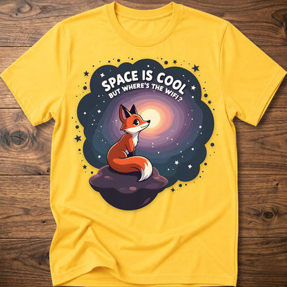 Yellow t-shirt with cartoon fox in space swirl graphic and “SPACE IS COOL” text