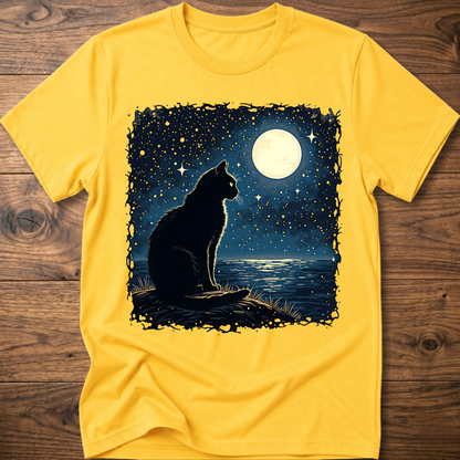 Yellow T-shirt with black cat under moonlit night sky graphic, short sleeves