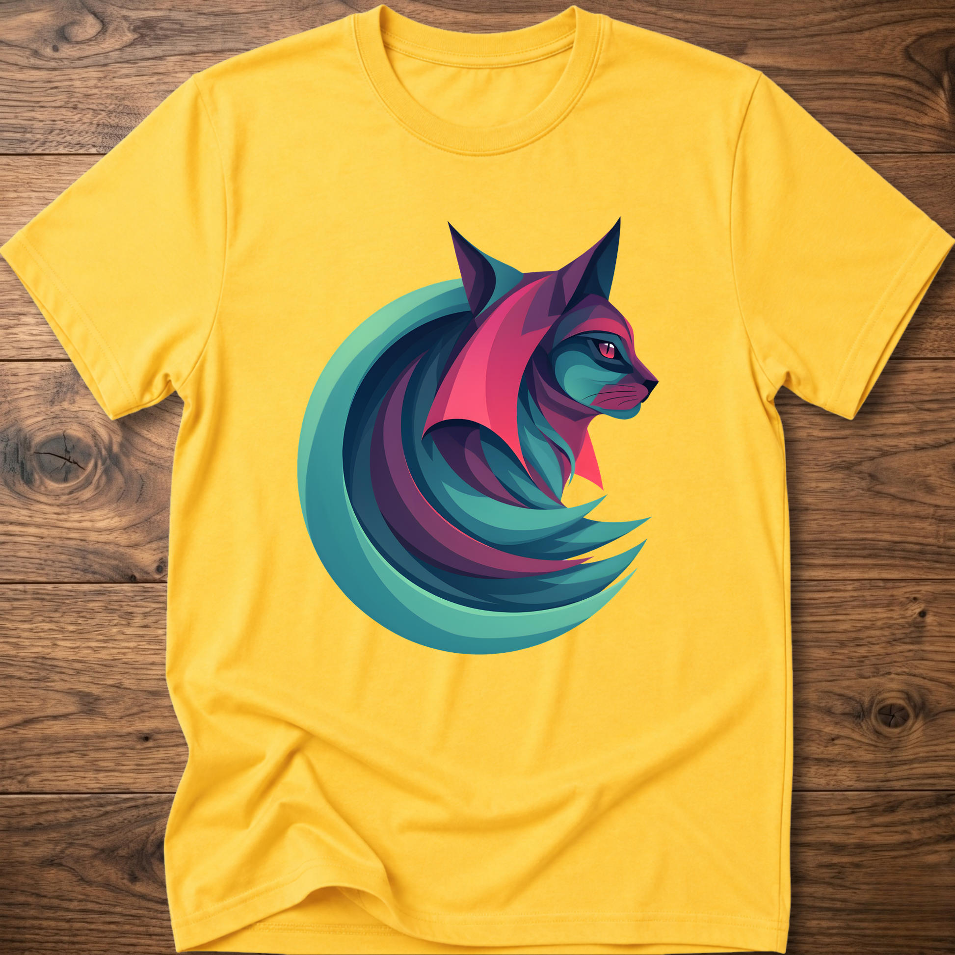 Geometric cat graphic T-shirt, yellow, crew neck short sleeves
