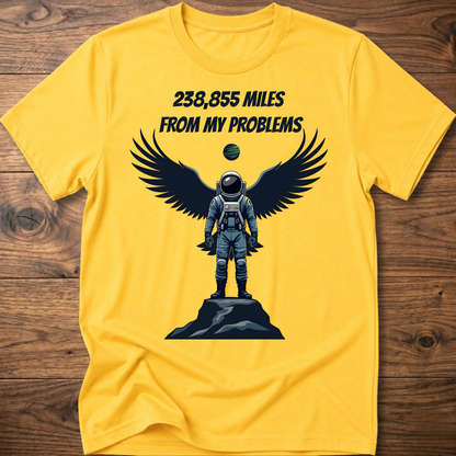 Yellow crewneck t-shirt with astronaut-eagle graphic and text '238,855 Miles'.