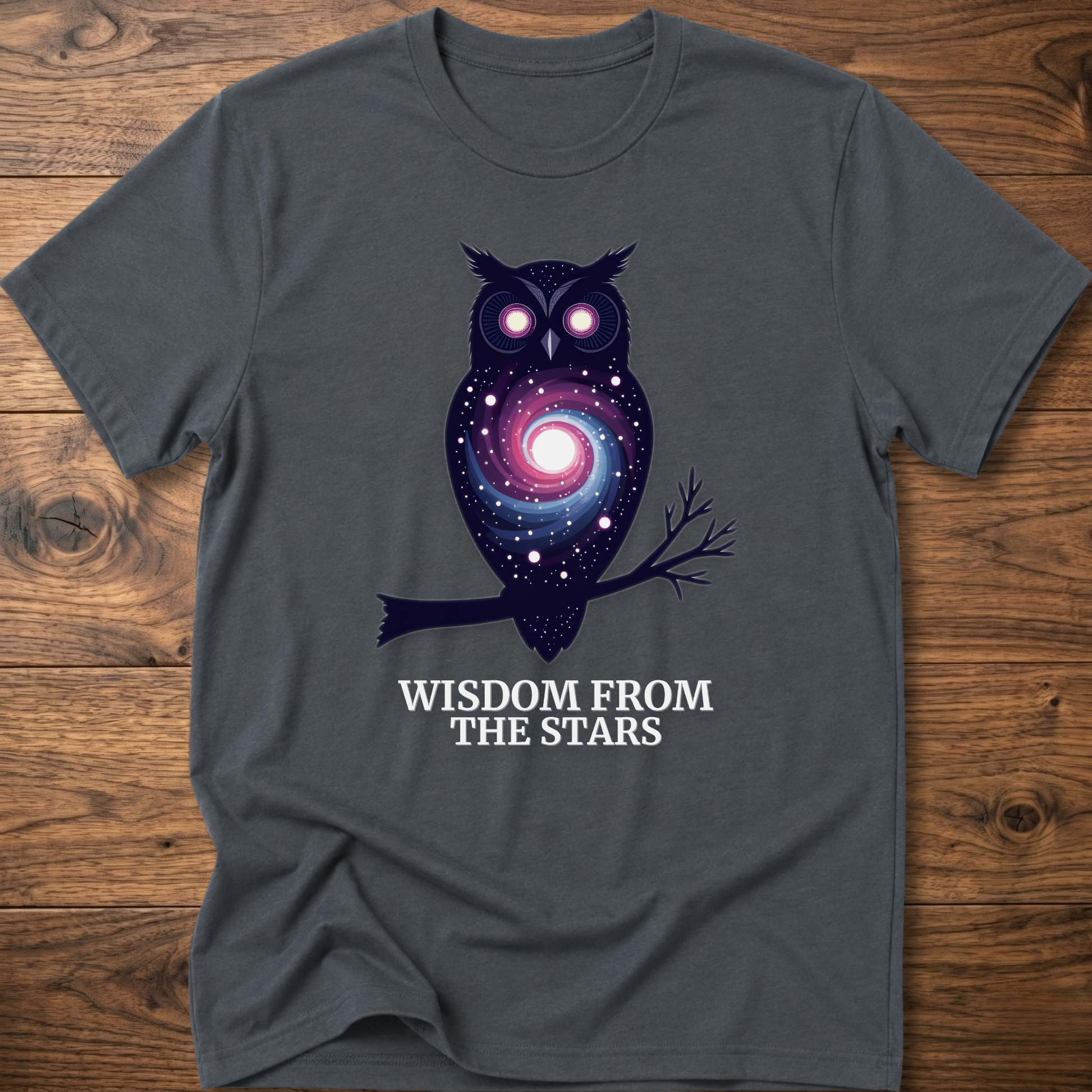 Heather gray-blue owl graphic t-shirt with glowing eyes and “Wisdom from the Stars”