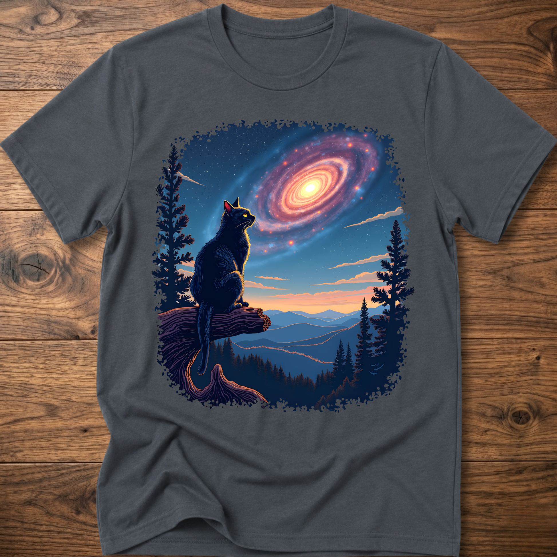 Heather blue-gray cat galaxy t-shirt with standing cat, spiral nebula, pine trees